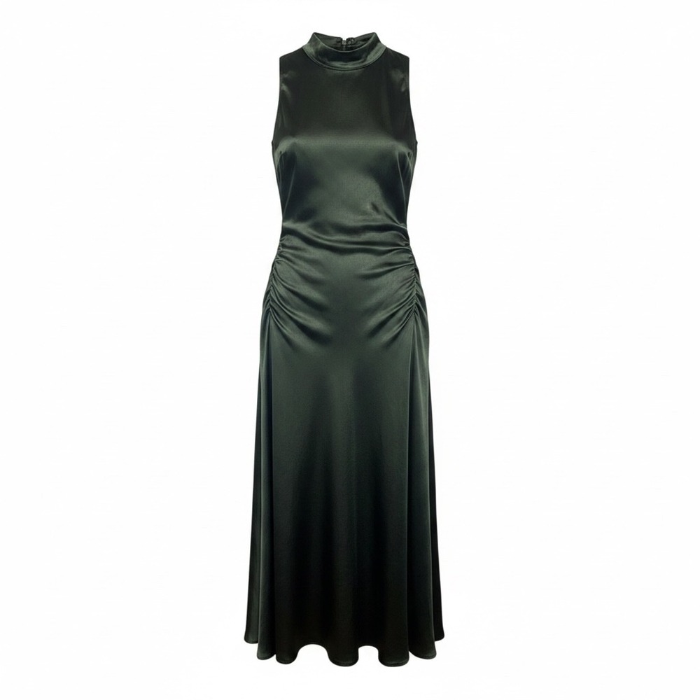 Grade & Gather Satin Mock Neck Ruched Midi Dress Dark Green Sleeveless Large - Picture 1 of 11